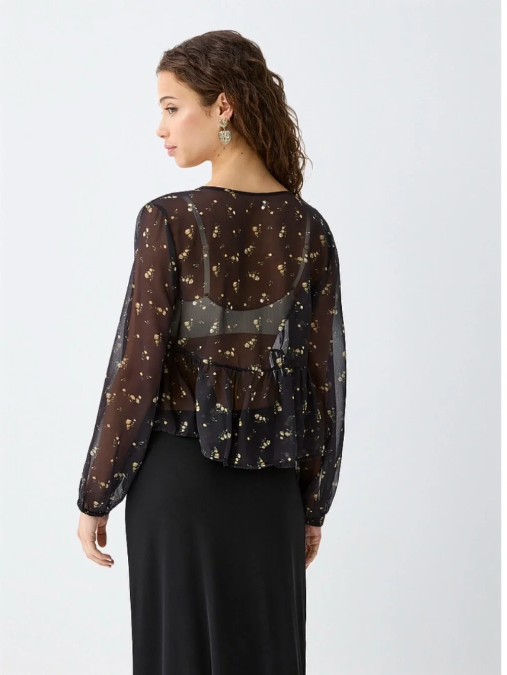 Boho black and ditsy flowers ruffled sheer voile blouse NWT - Picture 2 of 10